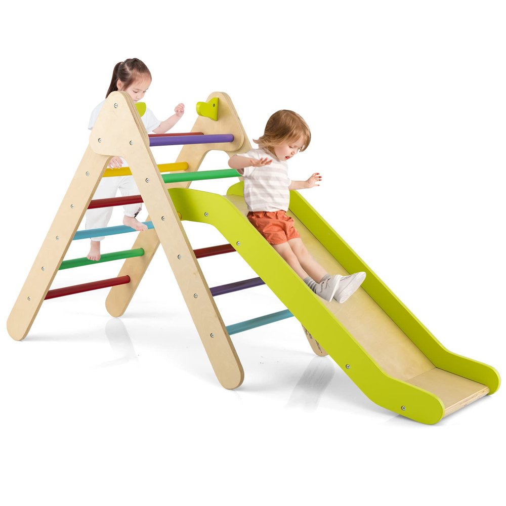 HONEY JOY Triangle Climber with Ramp, Kids Climbing Triangle Ladder for Daycare, Gym & Playground, Wooden Montessori Climbing Toys for Toddlers, Gift for Boys Girls