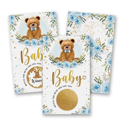 50 Woodland Bear Scratch Off Game, Blue Bear Rose Lucky Draw CardParty Activities, Decorations, and Supplies- It's a Boy