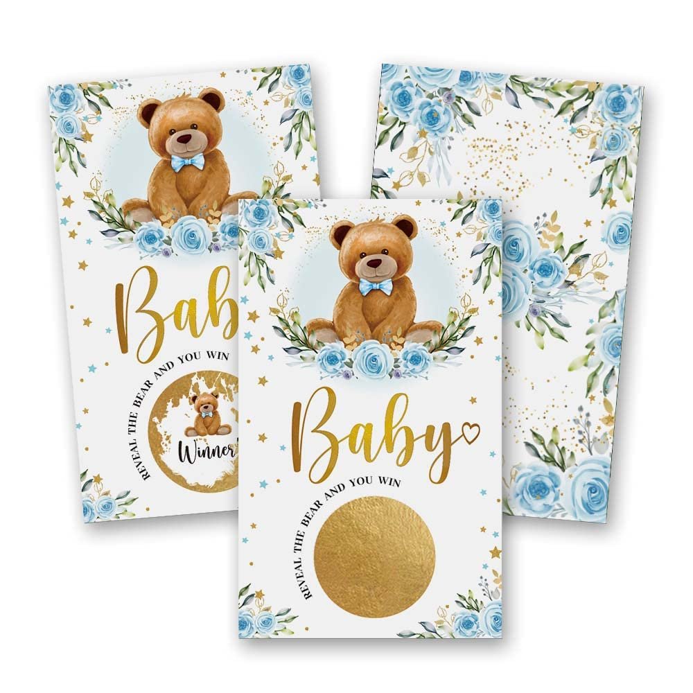 50 Woodland Bear Scratch Off Game, Blue Bear Rose Lucky Draw CardParty Activities, Decorations, and Supplies- It's a Boy