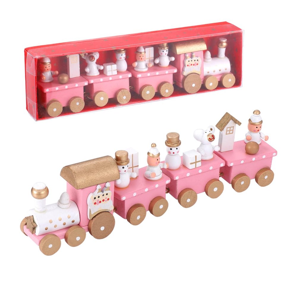 Pastel Pink Christmas Train Set, 4-Section Wooden Mini Train Set Winter Wonderland Village Decor Under Tree for Girly Christmas Party & Home Dcor