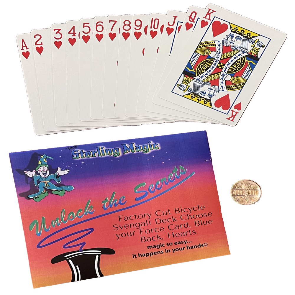Ted's Sterling Magic Bicycle Svengali Deck Trick in Blue Back, Hearts Suit, Choose Your Force Card (Nine)