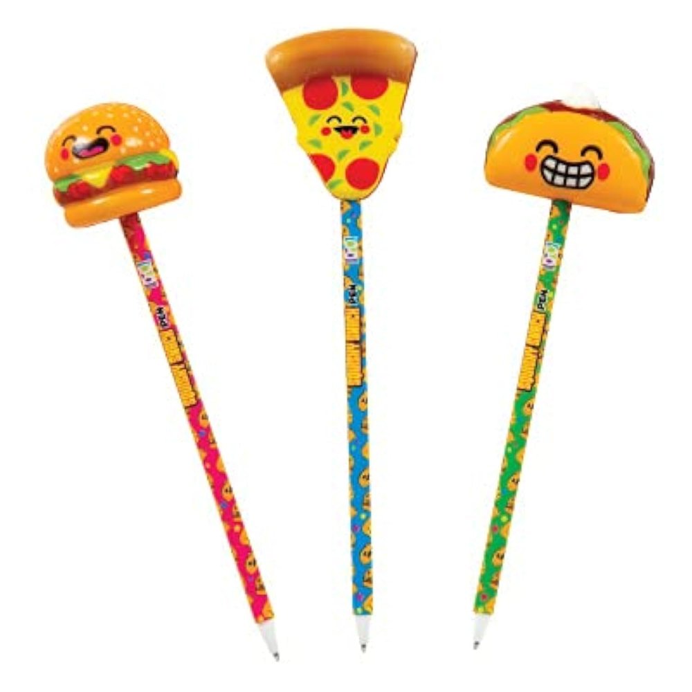 ToyPlaya Fast Food Theme Squishy Snacks Pens with Pizza, Taco, and Hamburger Topper (3X pcs)