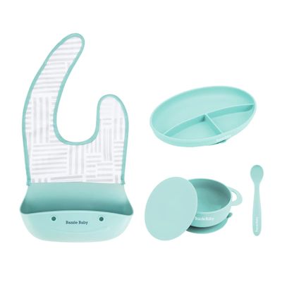 Bazzle Baby Silicone Baby Feeding Set  Baby Led Weaning Supplies with Suction Plate, Bowl with Lid, Bib & Spoon  Baby Feeding Essentials for 6-12 Months, Baby Plates and Utensils Set (Blue)