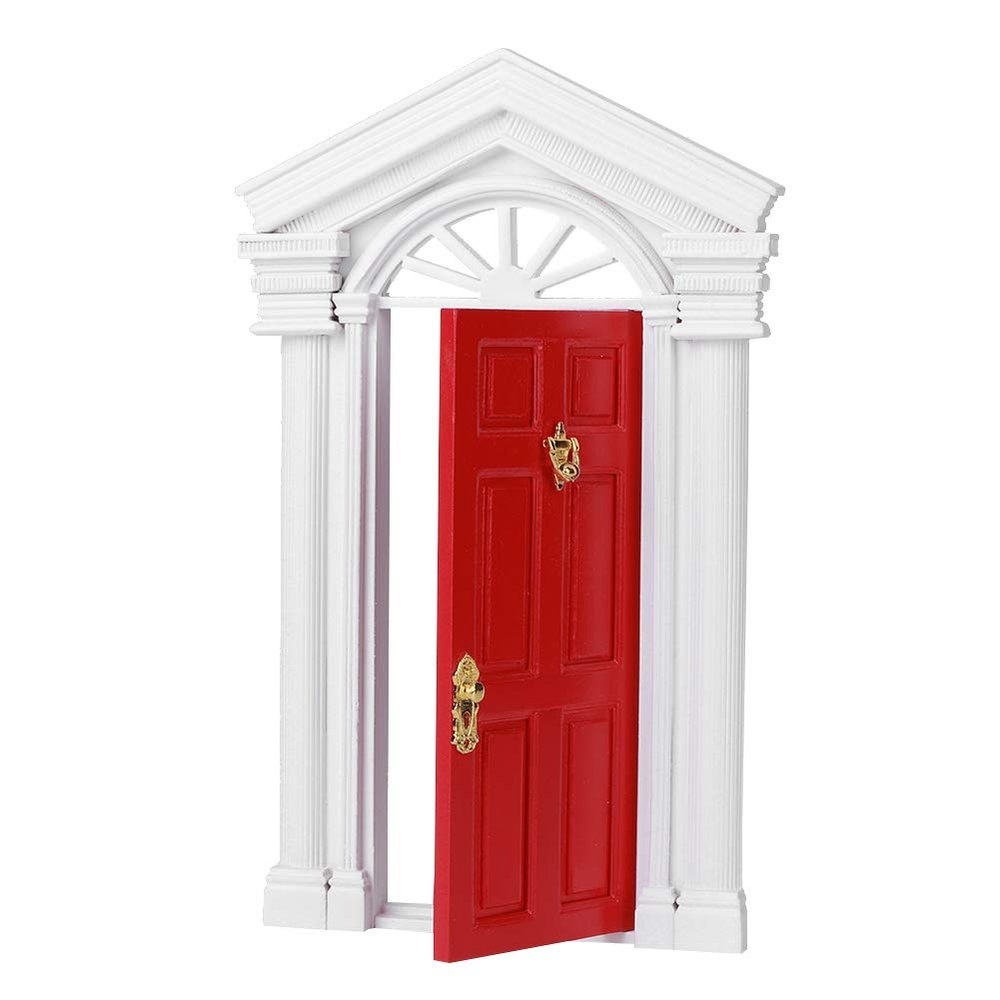 Wooden Dollhouse Door, Miniature Birch Wood Door with Decorative Fan Window, 1:12 Scale Door for Dollhouse, DIY Home Decoration Accessory (Red)