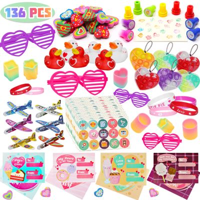 Lulu Home 136 PCS Valentine's Day Party Favors for Kids, Heart Shaped Glasses, Rubber Ducks, Erasers, Slinky, Bracelets, Stampers and more Novelty Toys Assortment for Classroom Prizes Gift Exchange