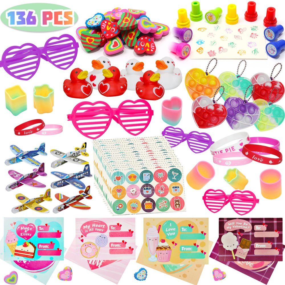 Lulu Home 136 PCS Valentine's Day Party Favors for Kids, Heart Shaped Glasses, Rubber Ducks, Erasers, Slinky, Bracelets, Stampers and more Novelty Toys Assortment for Classroom Prizes Gift Exchange