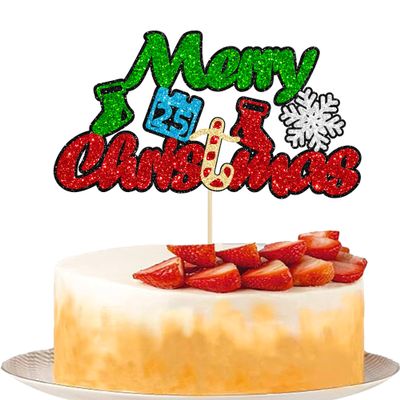 1Pcs Red Green Glitter Merry Christmas Cake Topper Christmas Tree Snowflake Cake Picks Merry Xmas Theme Happy New Year Party Decorations Supplies