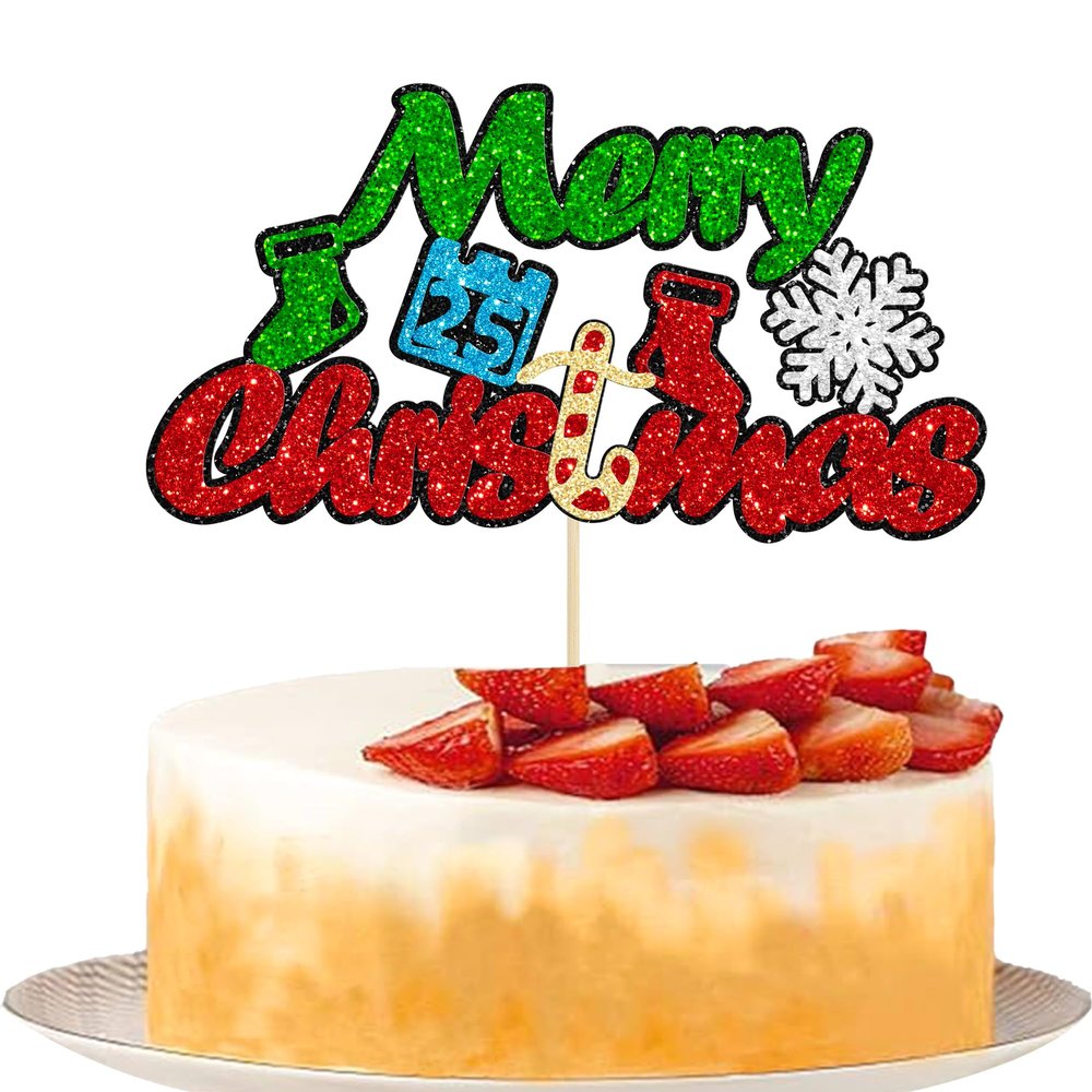 1Pcs Red Green Glitter Merry Christmas Cake Topper Christmas Tree Snowflake Cake Picks Merry Xmas Theme Happy New Year Party Decorations Supplies