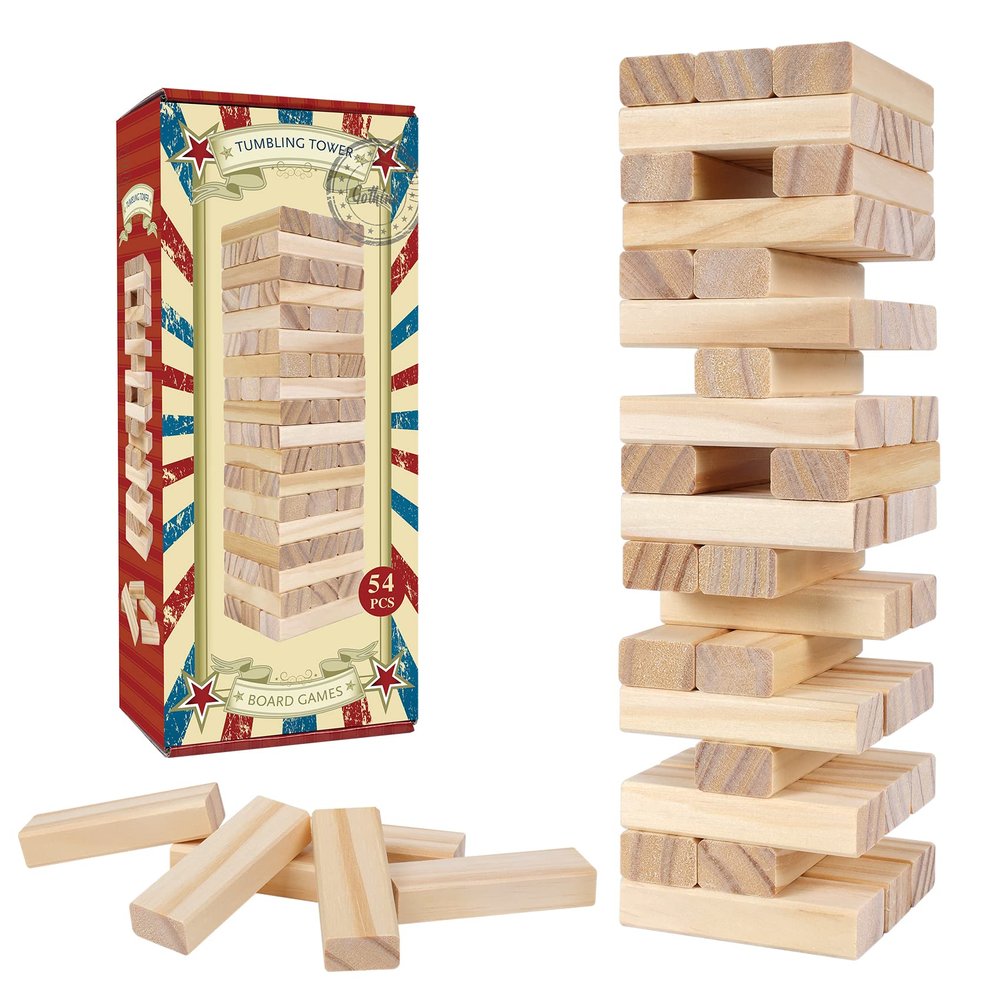 GOTHINK Tumble Tower Game for Kids and Adults, 54pcs Wooden Board Stacking Game for Family Games Night, Classical Wood Blocks Game, Standard Size