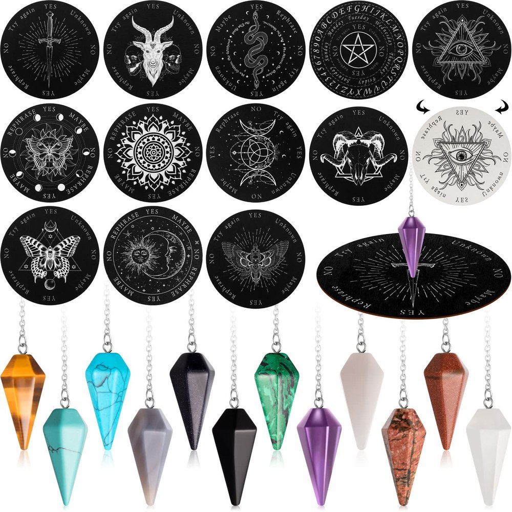 Meooeck 24 Pcs Crystal Pendulums Board Bulk Set 12 Wood Pendulum Board 6 Inches and 12 Dowsing Gemstone Pendants Divination Communication Tools for Beginners Witchcraft Altar Supplies, White and Black