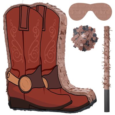 Lewtemi 15.7 Inch Cowboy Hat Piata Western Cowboy Theme Birthday Party Decors Favors with Blindfold Stick Confetti Photo Prop Candy Holder Valentine Party Supplies(Brown Boot)