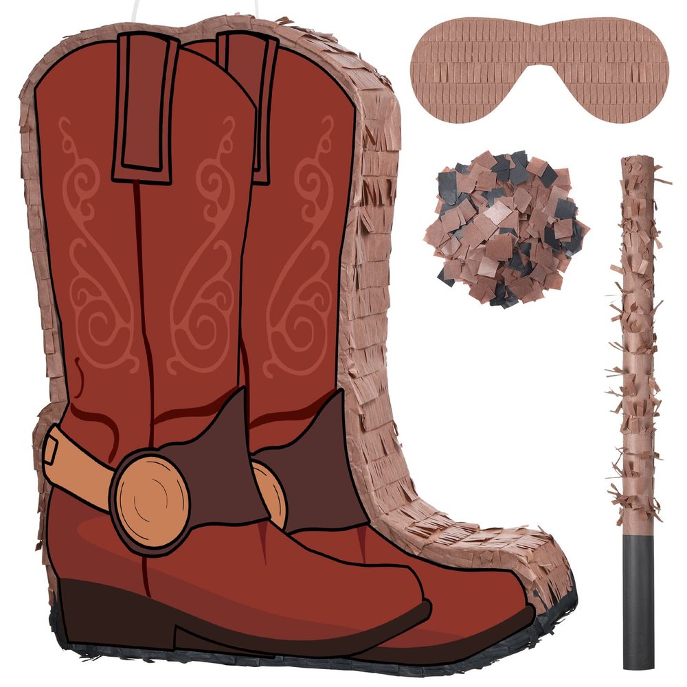 Lewtemi 15.7 Inch Cowboy Hat Piata Western Cowboy Theme Birthday Party Decors Favors with Blindfold Stick Confetti Photo Prop Candy Holder Valentine Party Supplies(Brown Boot)
