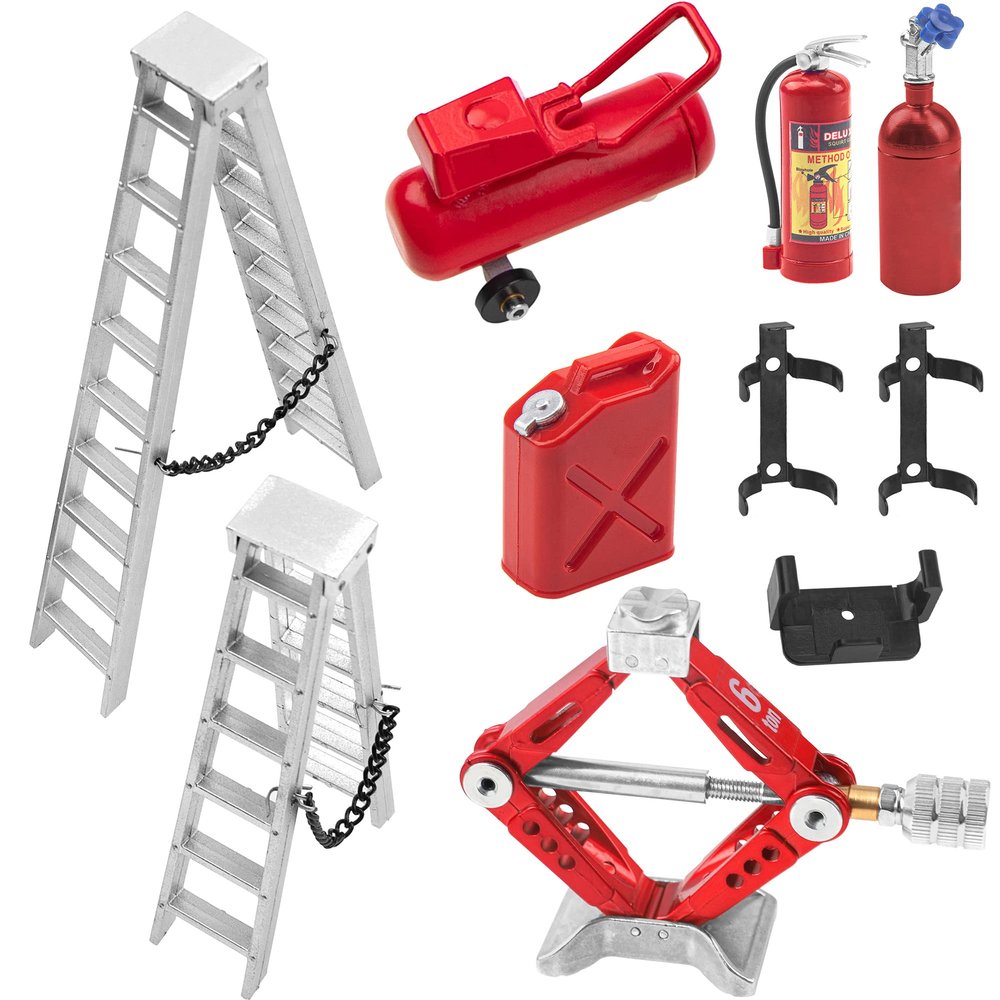 6Pcs RC Scale Fire Extinguisher Nitrogen Bottle Ladder Mini Fuel Tank Jack Stands RC Decoration Accessories Compatible with TRX4 Axial SCX10 D90 Tamiya CC01 Redcat Gen7 1/10 RC Crawler