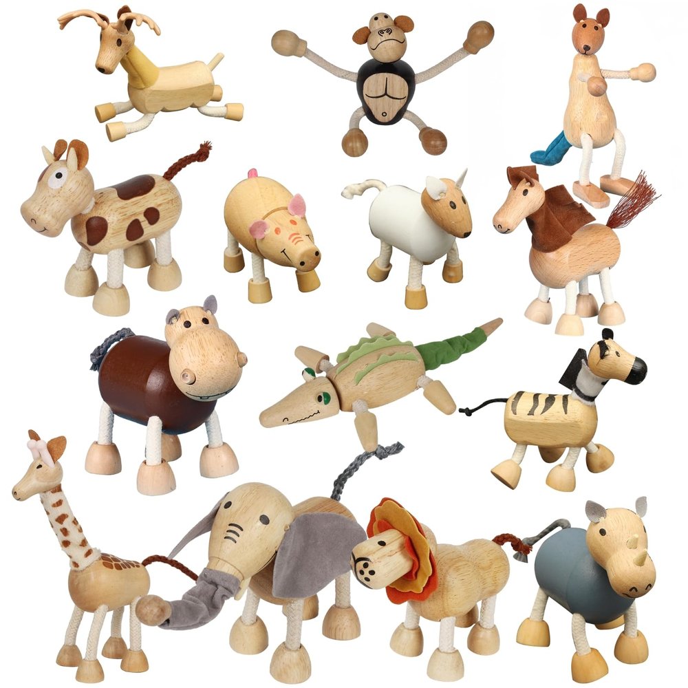 14 Pack Bendable Wooden Animal Toys, Smooth Natural Wood Zoo Farm Jungle Safari Animals Figures, Preschool Learning & Education Toys for Toddlers Kids