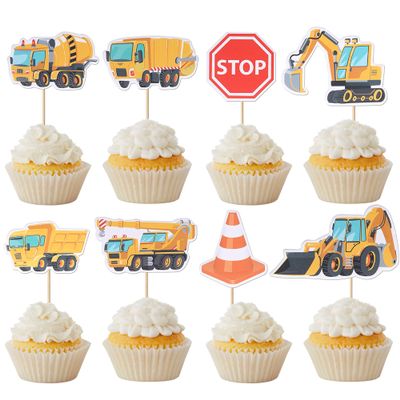 32 Pack Construction Cupcake Toppers Dump Truck Excavator Tractor Party Stop Sign Cupcake Picks Kids Birthday Construction Theme Baby Shower Party Cake Decorations Supplies