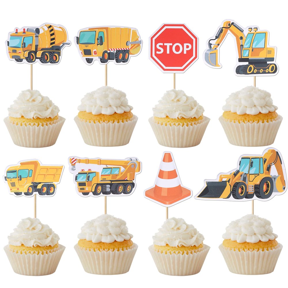 32 Pack Construction Cupcake Toppers Dump Truck Excavator Tractor Party Stop Sign Cupcake Picks Kids Birthday Construction Theme Baby Shower Party Cake Decorations Supplies