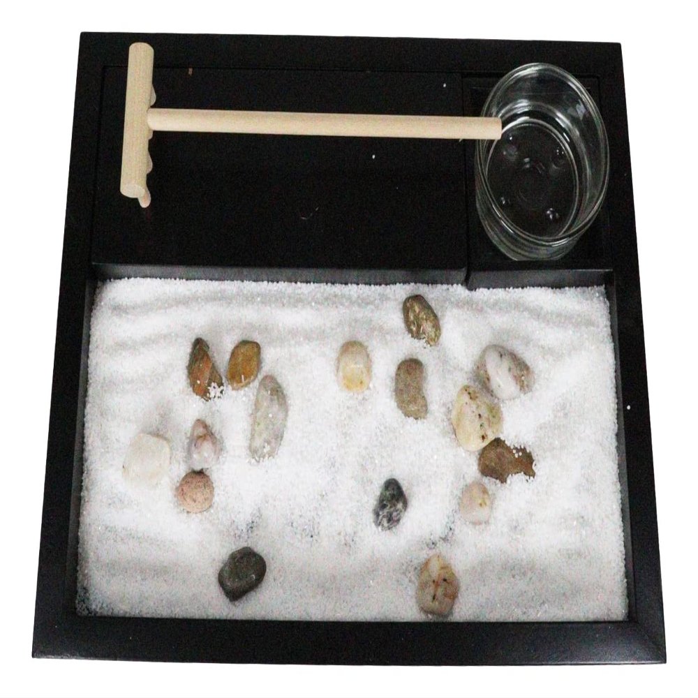 Ebros Desk Wu Xin No Mind Void Serenity Meditation Zen Garden Kit with Accessories Set Rocks and Sand Garden with Rake and Tea Light Candle Holder Tai Chi Yoga Spiritual Well Being