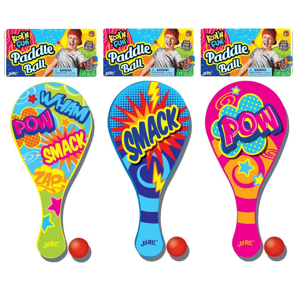 Kool N' Fun Plastic Paddle Ball w/ String Attached (3 Paddles) by JARU. Classic Retro Toys for Kids & Adults, Boy & Girl. Indoor Game and Outdoor Set Toys. Party Favors Birthday Easter Prizes. 1994-3
