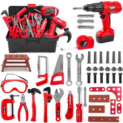 HYRENEE Kids Tool Set 48 Piece Toddler Tool Set with Electronic Toy Drill& Tool Box,Pretend Play Toys for Kids,Construction Kits Toys for Kids Ages 3 4 5 Years Old, Toddler Boy