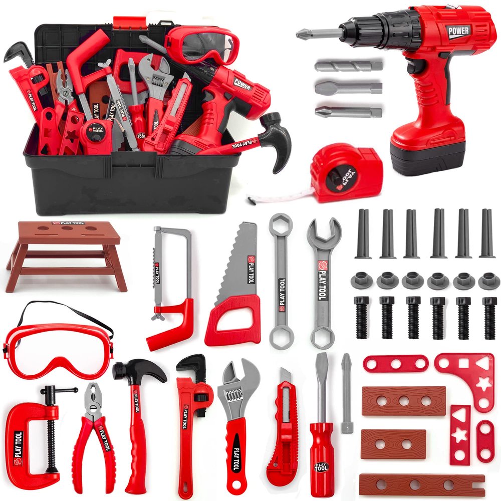 HYRENEE Kids Tool Set 48 Piece Toddler Tool Set with Electronic Toy Drill& Tool Box,Pretend Play Toys for Kids,Construction Kits Toys for Kids Ages 3 4 5 Years Old, Toddler Boy