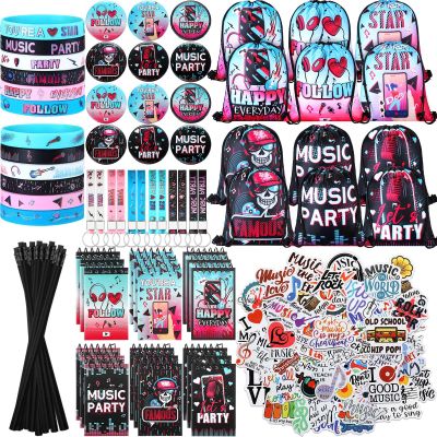 Jexine 128 Pcs Music Theme Party Supplies Include 12 Silicone Bracelets, 12 Keychains, 12 Badges, 12 Pencils, 12 Drawstring Bag, 18 Spiral Notepads, 50 Musical Stickers for Kids Birthday Party (Music)