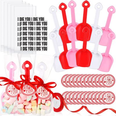 Chumia 133 Pieces Valentine's Day I Dig You Shovels with I Dig You Stickers and Tags, Gift Candy Bags and Ribbon for Valentines Party Favors Exchange Prizes