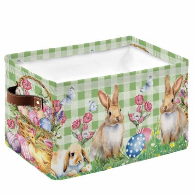 Large Storage Baskets Bins Happy Easter Collapsible Storage Box Laundry Organizer for Closet Shelf Nursery Kids Bedroom Spring Bunny Easter Basket Eggs Green Plaid