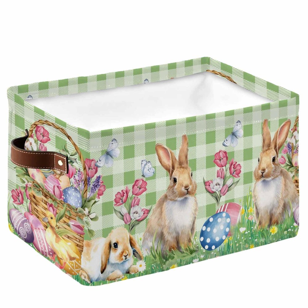 Large Storage Baskets Bins Happy Easter Collapsible Storage Box Laundry Organizer for Closet Shelf Nursery Kids Bedroom Spring Bunny Easter Basket Eggs Green Plaid
