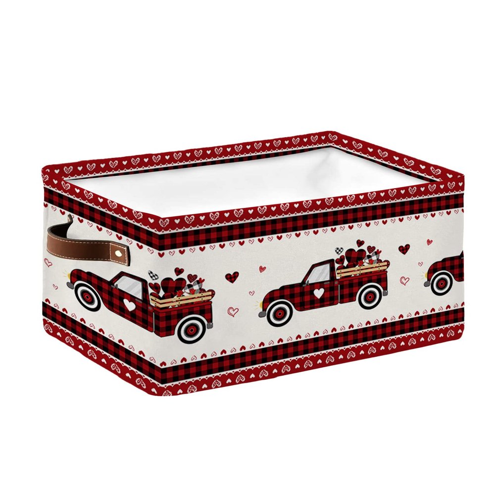 Large Storage Baskets Bins Valentine's Truck Collapsible Storage Box Laundry Organizer for Closet Shelf Nursery Kids Bedroom Happy Valentine's Day Truck Pull Love Heart Plaid