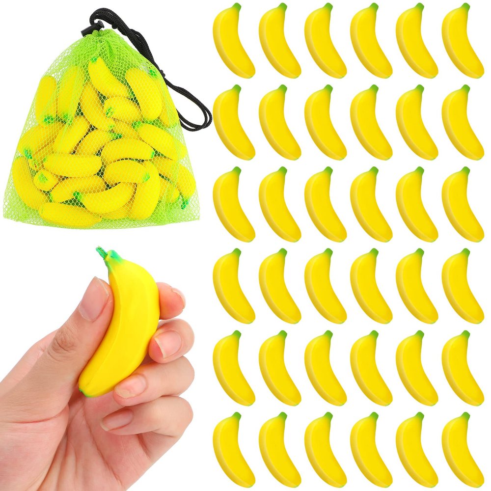 Jerify 37 Pieces Mini Banana Stress Toys Stress Relief Toys with Mesh Drawstring Bag PU Banana Stretchy Toy for Birthday Party Favors