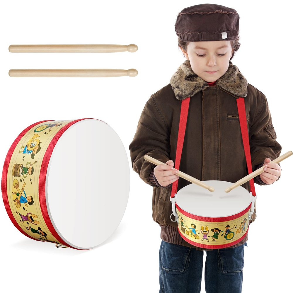 Kids Drum Set 8 Inch Wooden Toy Drum with Adjustable Strap 2 Drumsticks Educational Sensory Musical Instrument Toy Set for Toddlers Kid Baby Boys Girls Gift(Kids Style)