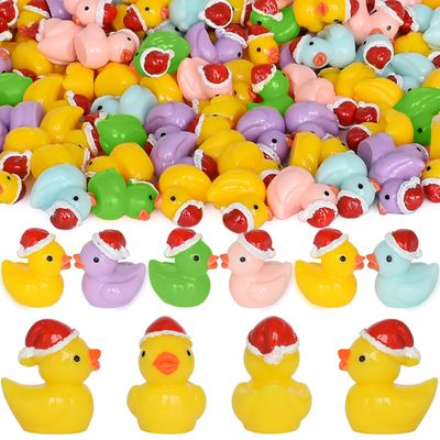 Yuronam 70 Pcs Tiny Christmas Ducks Mini Resin Ducks Miniature Ornaments for Slime, Dollhouse, Garden Decoration(Christmas Hat Mixed Duck)