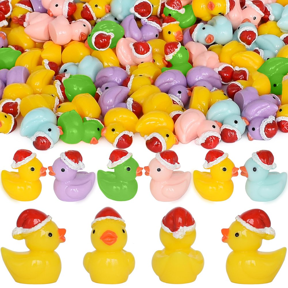 Yuronam 70 Pcs Tiny Christmas Ducks Mini Resin Ducks Miniature Ornaments for Slime, Dollhouse, Garden Decoration(Christmas Hat Mixed Duck)