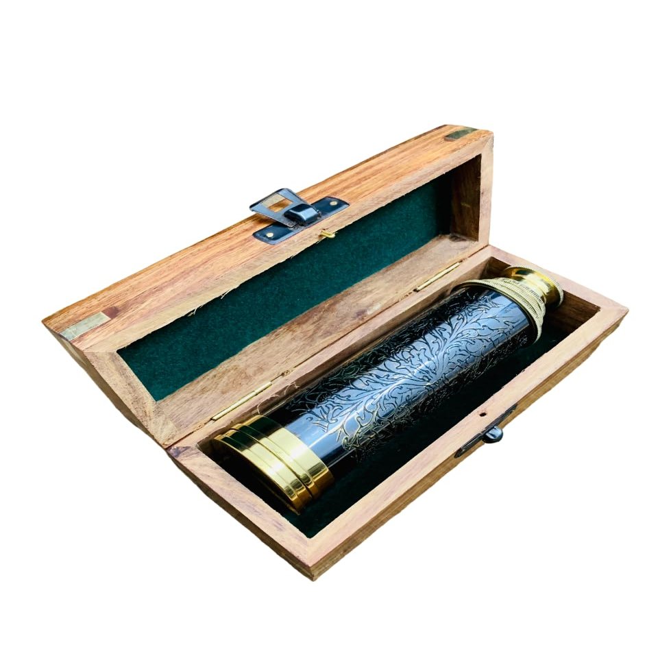 14" Brass Handheld Telescope with Wooden Box Working Maritime Nautical Spyglass Marine Scope Collectible Gift