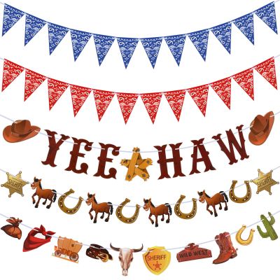 Sinmoe 5 Pcs Western Party Decorations Western Yee Haw Cowboy Banners Wild West Bandana Pennant Hanging Garlands for Wild West Cowboy Birthday Party Supplies