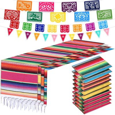 10 Pack 14 x 84 in Mexican Serape Table Runners, 29 Pcs Papel Picado Banner, Fiesta Hanging Banner and Pennant Flag Banner Colorful Bunting Banner for Mexican Theme Party (Rose, Blue, Orange, Yellow)