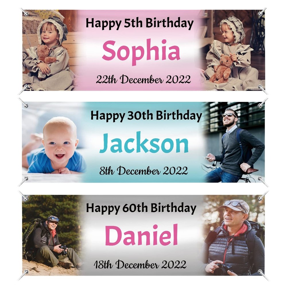Happy Birthday Banner Personalized Name Photo Age Custom Birthday Banners and Signs Customize for Birthday Party Decoration 6'x2'