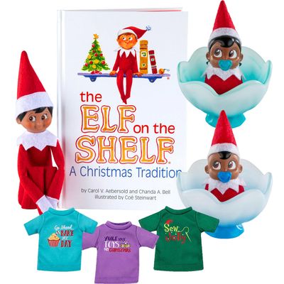 The Elf on The Shelf Bundle: Scout Elf Boy Dark Tone, Boy + Girl Dark Tone Frost Pips Figures and Elf Mate T-Shirts