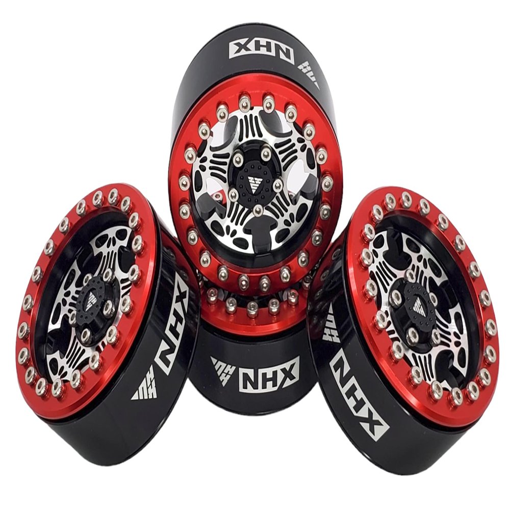 NHX RC 1.9" Aluminum Beadlock Crawler Wheels Rims -Red/Silver/Black (4)