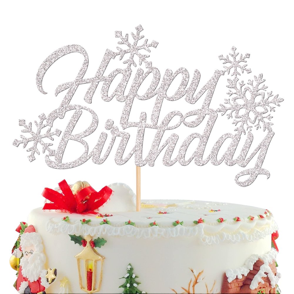 1 PCS Silver Snowflake Happy Birthday Cake Topper Glitter Winter Christmas Snowflake Cake Pick for Winter Wonderland Christmas Baby Shower Birthday Party Cake Decorations Supplies