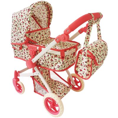 Convertible Combo Baby Doll Stroller for 3 Year Old Girls & Up | Play Toy Baby Stroller for Dolls, Folding Adjustable Bassinet Carriage Buggy with Storage Basket Converts to Sit Up Pushcart Pram, Red