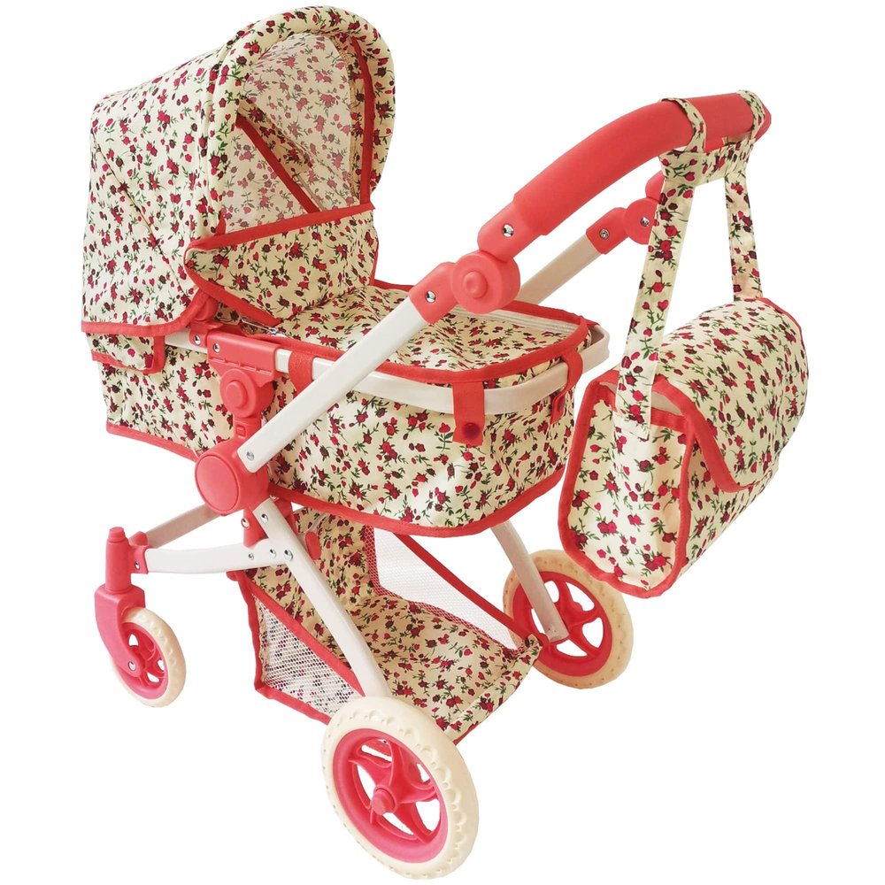 Convertible Combo Baby Doll Stroller for 3 Year Old Girls & Up | Play Toy Baby Stroller for Dolls, Folding Adjustable Bassinet Carriage Buggy with Storage Basket Converts to Sit Up Pushcart Pram, Red