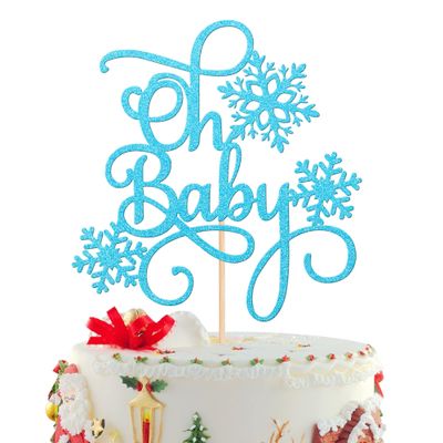 1 PCS Oh Baby Snowflake Cake Topper Glitter Winter Frozen Theme Snowflake Oh Baby Cake Pick Baby Shower Cake Decorations for Winter Wonderland Kids Birthday Christmas Party Supplies Blue