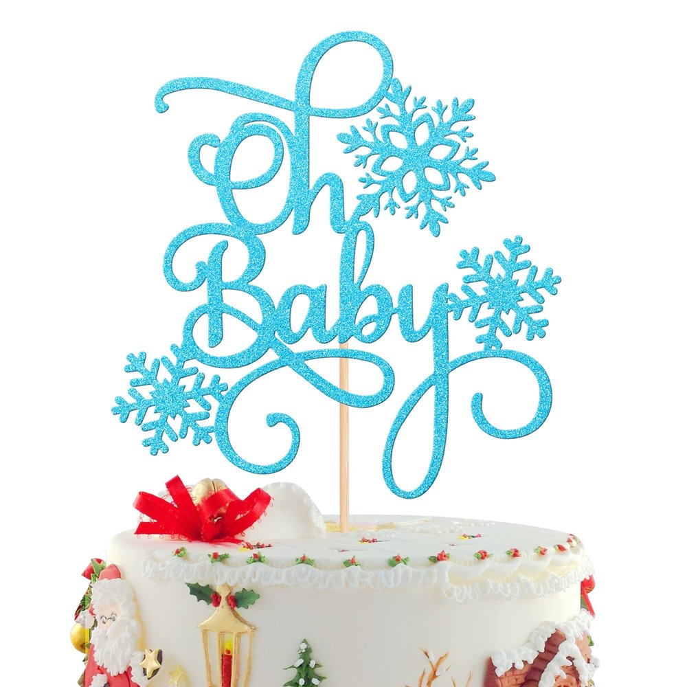 1 PCS Oh Baby Snowflake Cake Topper Glitter Winter Frozen Theme Snowflake Oh Baby Cake Pick Baby Shower Cake Decorations for Winter Wonderland Kids Birthday Christmas Party Supplies Blue