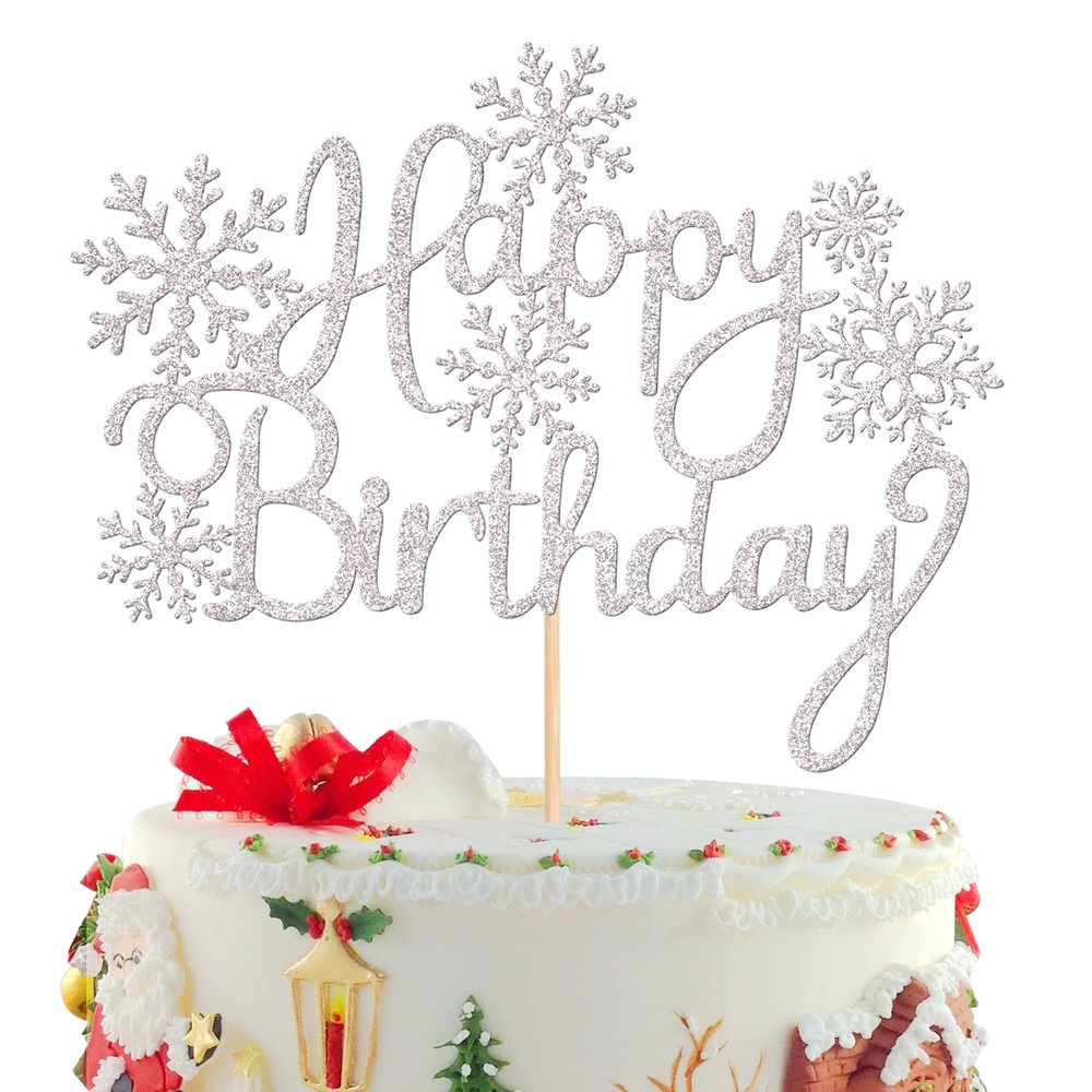 1 PCS Snowflake Happy Birthday Cake Topper Glitter Winter Frozen Theme Snowflake Cake Pick for Winter Wonderland Baby Shower Kids Birthday Christmas Party Cake Decorations Supplies Silver