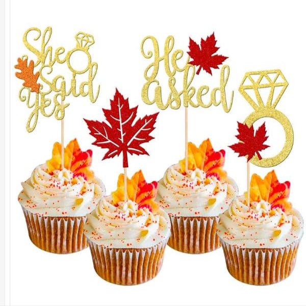 24 PCS He Asked She Said Yes Cupcake Toppers Glitter Maple Leaves Diamond Ring Bridal Shower Cupcake Picks for Wedding Engagement Fall Harvest Thanksgiving Party Cake Decorations Supplies