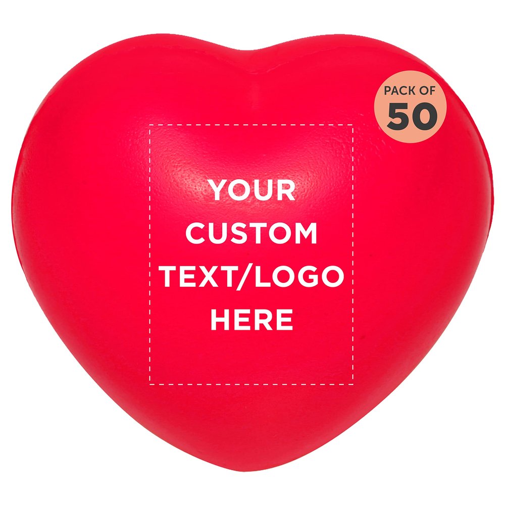 Custom Red Heart Stress Balls Set of 50, Personalized Bulk Pack - Stress Relief, Perfect for Your Desk, Office or Home - Red