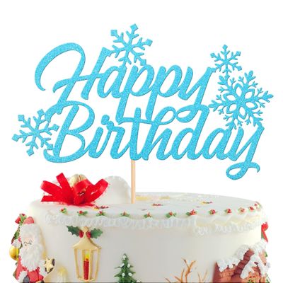 1 PCS Blue Glitter Snowflake Happy Birthday Cake Topper Winter Christmas Snowflake Birthday Cake Pick Decorations for Winter Wonderland Christmas Baby Shower Birthday Party Supplies