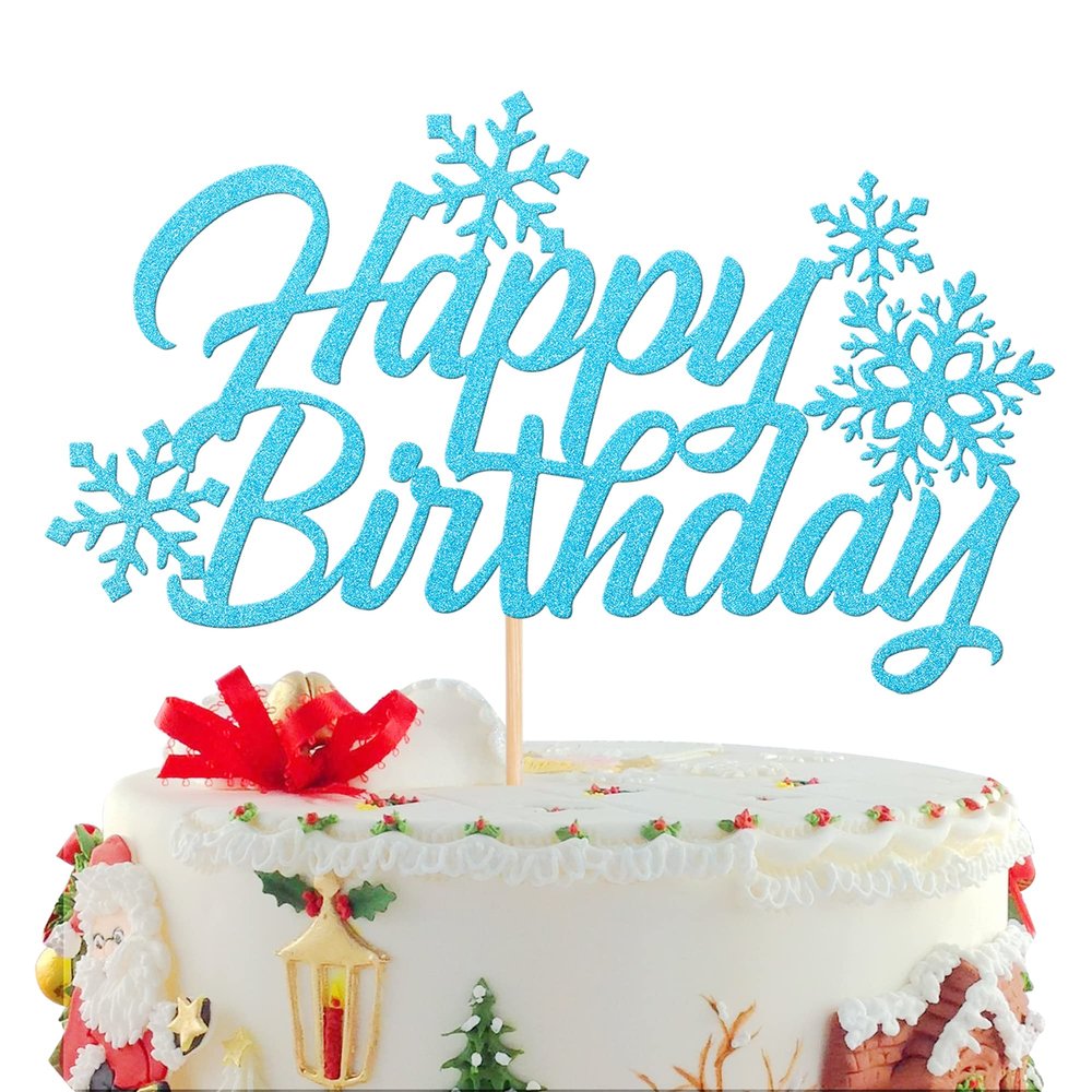 1 PCS Blue Glitter Snowflake Happy Birthday Cake Topper Winter Christmas Snowflake Birthday Cake Pick Decorations for Winter Wonderland Christmas Baby Shower Birthday Party Supplies