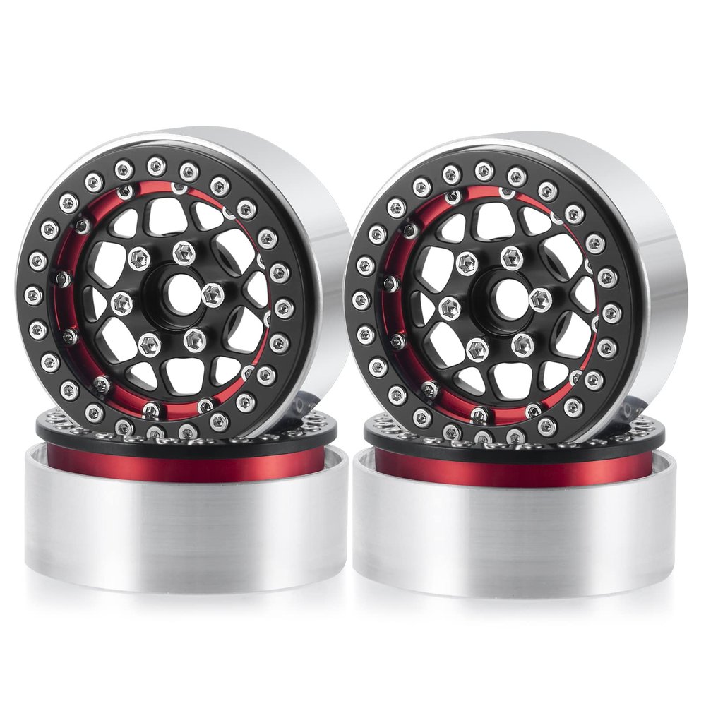1.9inches Beadlock Wheel Rims, 4pcs/Set Metal Wheel Rims Hubs for 1/10 Axial Scx10 TRX-4 D90 CC01 90034 RC Crawler Car (Black & Red)